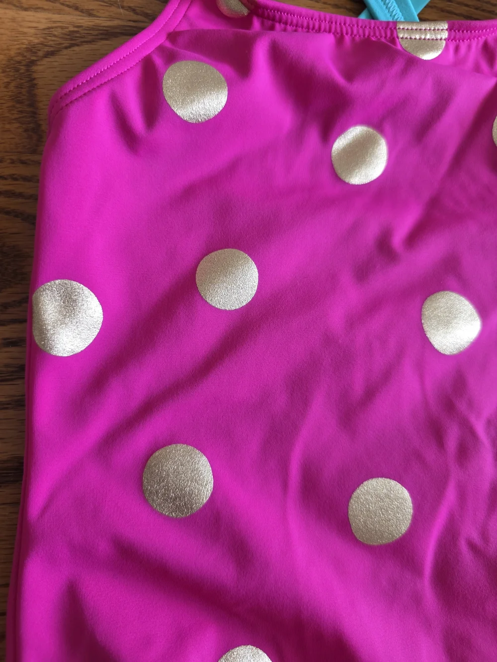 Mini Boden Hot Pink One-Piece Swimsuit with Gold Polka Dots and Turquoise Straps